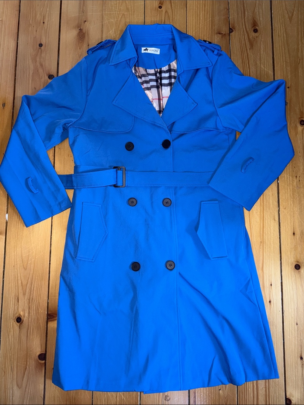 JIEPOTU Women's Double-Breasted Trench Coat in Cobalt Blue Size M